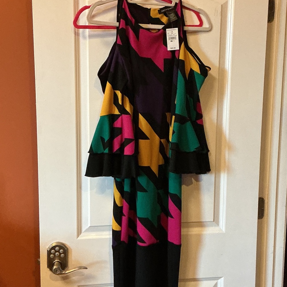 Ashley Stewart Black Geo Print Ruffle Dress with Pink, Green & Yellow Accents